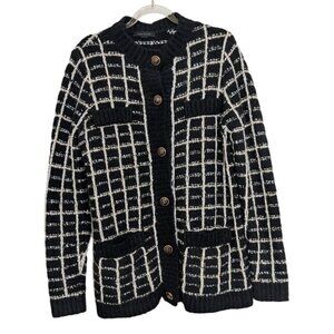 Ann Taylor Shimmer Plaid Lady Jacket Womens Size Medium Black Button Front